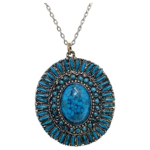 Vintage Women’s Southwestern Simulated Blue Turquoise Silver Tone Necklace 20” - Picture 1 of 7